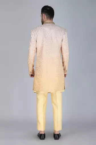 Yellow ombre thread and sequins embroidered indowestern
