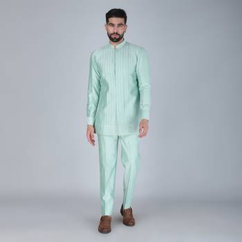 Sea green thread and sequins embroidered short indowestern 1