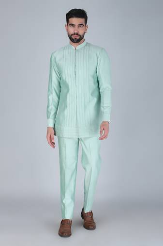 Sea green thread and sequins embroidered short indowestern