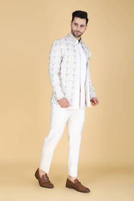 White multicolor thread and sequins embroidered short indowestern 2