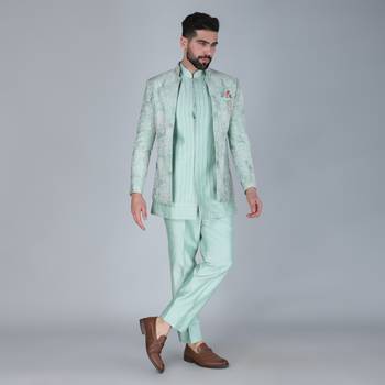 Sea green thread and sequins embroidered short indowestern 2