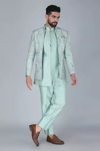 Sea green thread and sequins embroidered short indowestern