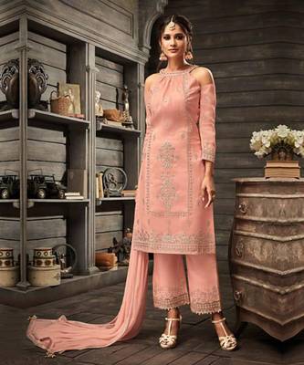 Peach embroidery & sequins work silk salwar kameez 1