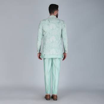 Sea green thread and sequins embroidered short indowestern 3