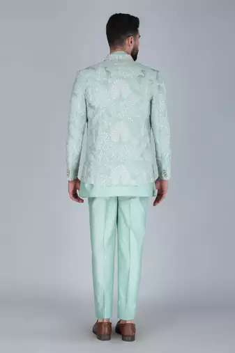 Sea green thread and sequins embroidered short indowestern