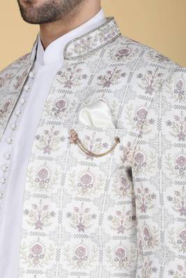 White multicolor thread and sequins embroidered short indowestern 4