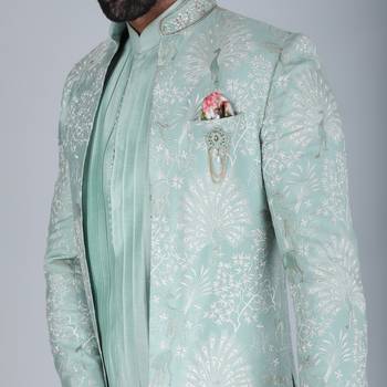 Sea green thread and sequins embroidered short indowestern 4