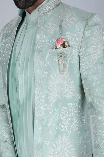 Sea green thread and sequins embroidered short indowestern