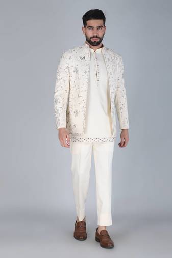 Ivory multicolor thread and sequins embroidered short indowestern