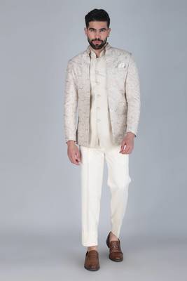 Off white thread and sequins embroidered short indowestern on silk 1