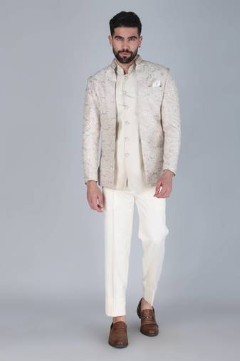 Off white thread and sequins embroidered short indowestern on silk