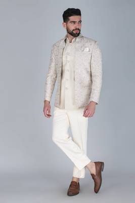 Off white thread and sequins embroidered short indowestern on silk 2