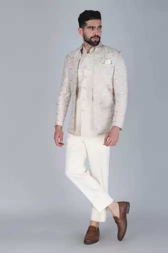 Off white thread and sequins embroidered short indowestern on silk
