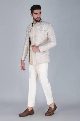 Off white thread and sequins embroidered short indowestern on silk 3