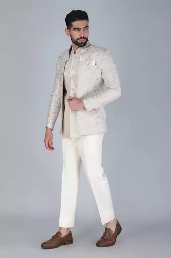 Off white thread and sequins embroidered short indowestern on silk