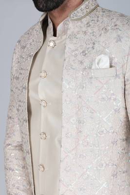 Off white thread and sequins embroidered short indowestern on silk 4
