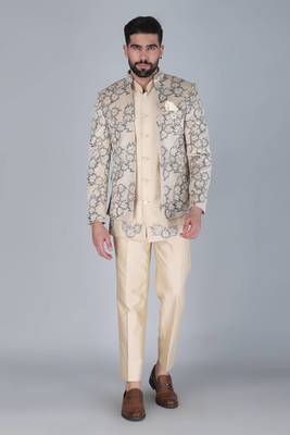 Cream thread and sequins embroidered short indowestern on velvet 1