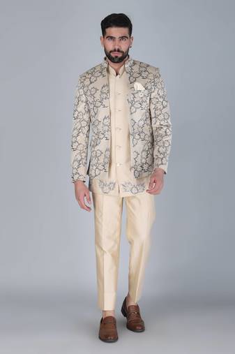 Cream thread and sequins embroidered short indowestern on velvet