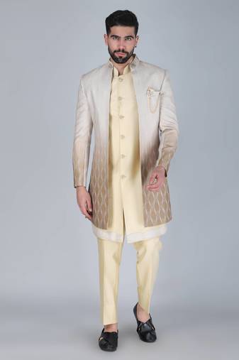 Pale yellow thread and sequins embroidered indowestern set