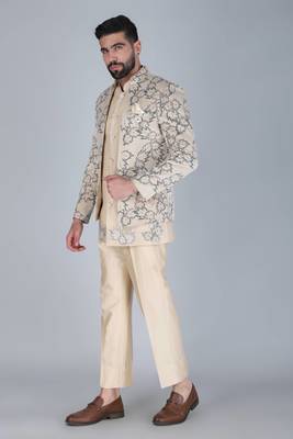 Cream thread and sequins embroidered short indowestern on velvet 2