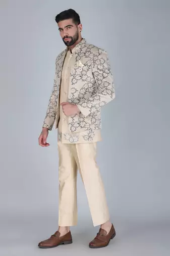 Cream thread and sequins embroidered short indowestern on velvet