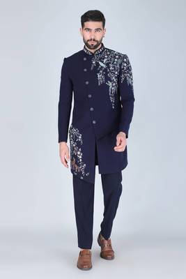 Navy blue hand embroidered designer indowestern on suiting fabric 1