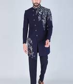 Navy blue hand embroidered designer indowestern on suiting fabric