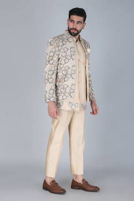 Cream thread and sequins embroidered short indowestern on velvet 3