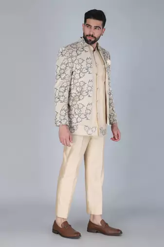 Cream thread and sequins embroidered short indowestern on velvet