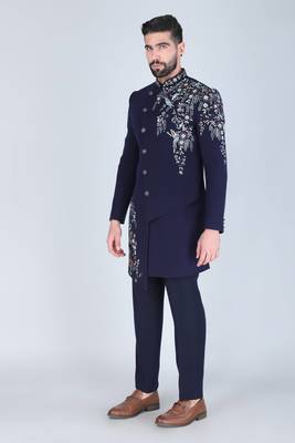 Navy blue hand embroidered designer indowestern on suiting fabric 2