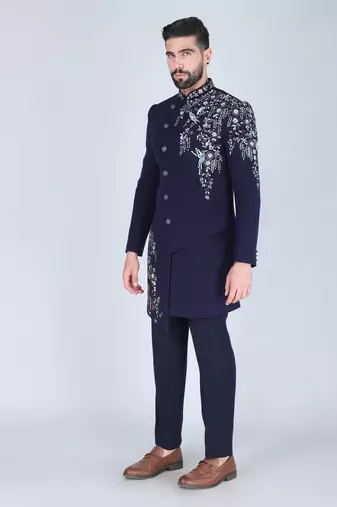 Navy blue hand embroidered designer indowestern on suiting fabric