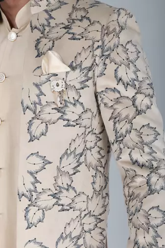 Cream thread and sequins embroidered short indowestern on velvet