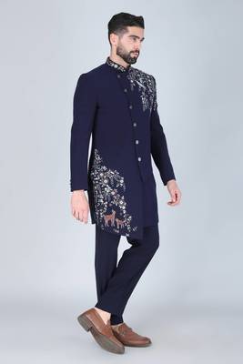 Navy blue hand embroidered designer indowestern on suiting fabric 3