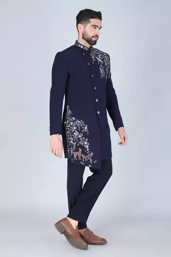 Navy blue hand embroidered designer indowestern on suiting fabric
