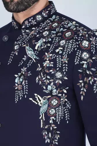 Navy blue hand embroidered designer indowestern on suiting fabric