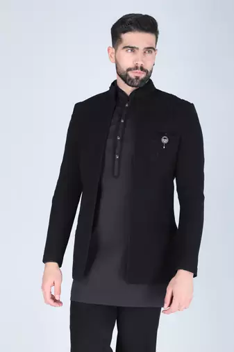 Black hand embroidered short indowestern