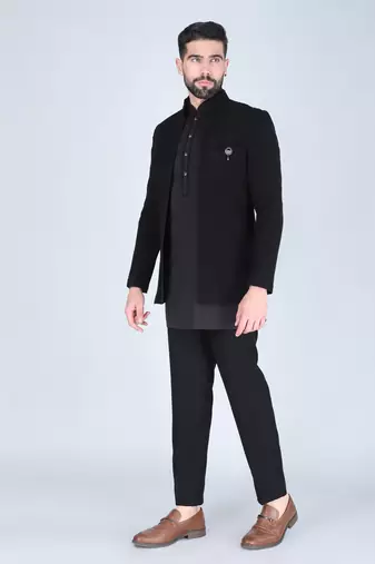 Black hand embroidered short indowestern