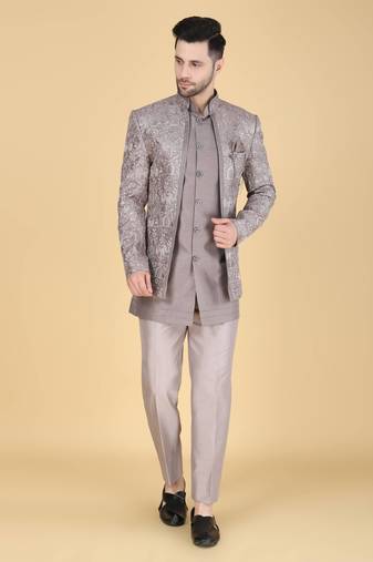 Grey  short indowestern with thread and sequins embroidery on silk