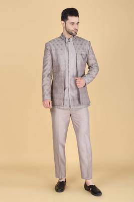 Grey thread and sequins embroidered short indowestern on silk 1