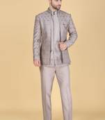 Grey thread and sequins embroidered short indowestern on silk