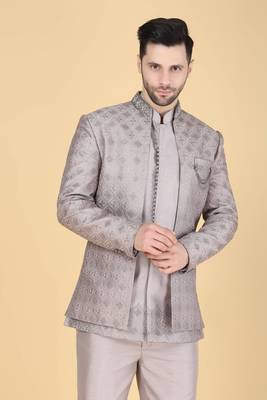 Grey thread and sequins embroidered short indowestern on silk 2