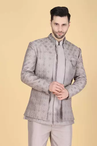 Grey thread and sequins embroidered short indowestern on silk