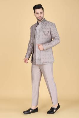 Grey thread and sequins embroidered short indowestern on silk 3