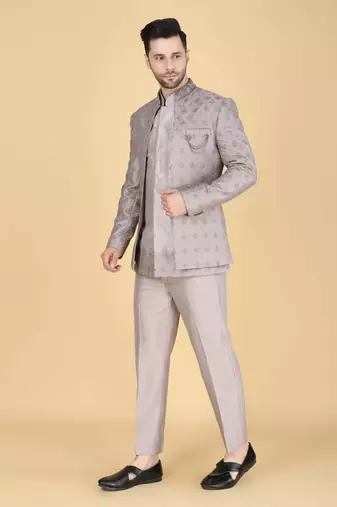 Grey thread and sequins embroidered short indowestern on silk