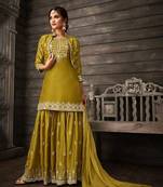 Olive green embroidery & sequins work silk salwar kameez
