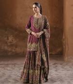 Designer maroon crep silk swarovski work gharara suit