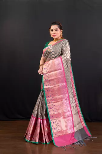 Banarasi kora organza saree in grey  with white gold woven motifs and contrasting border