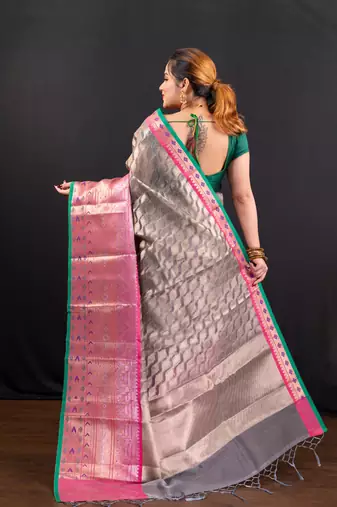 Banarasi kora organza saree in grey  with white gold woven motifs and contrasting border