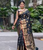 Black banarasi art silk saree with golden floral motifs