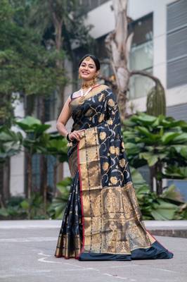 Black banarasi art silk blend saree with golden floral motifs 2